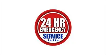 A red and white sticker with the words " 2 4 hr emergency service ".