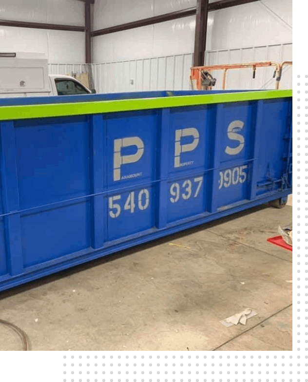 A blue dumpster with the letters pps 5 4 0 9 3 7 1 9 0 5 and 5 4 0 9 3 7 1 9 0 5