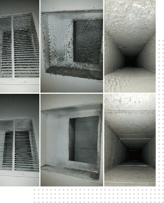 A series of photos showing different stages in air duct cleaning.