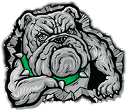 A bulldog mascot with green collar and paws crossed.